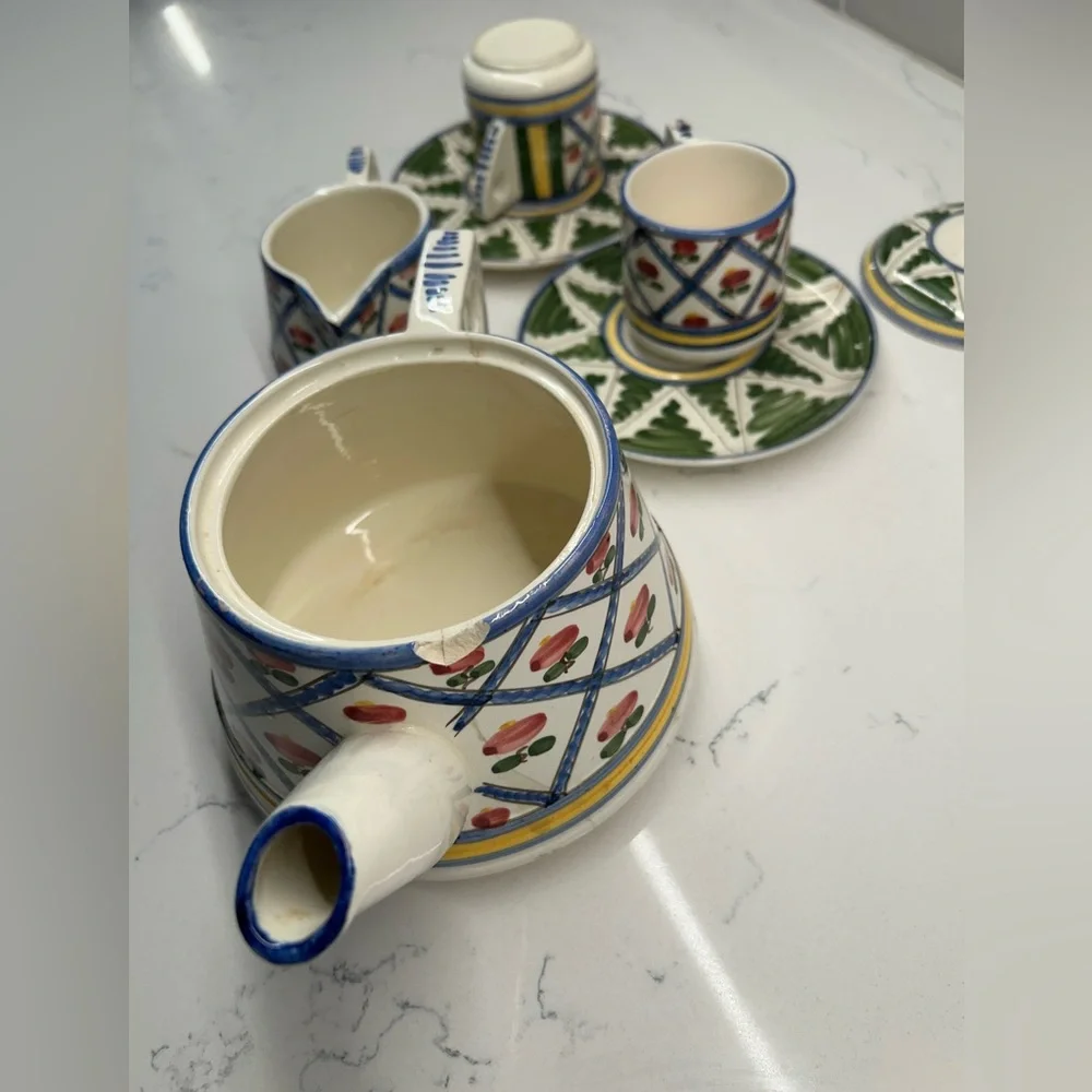 Ceramic Vintage Tea Pot Set w/ Creamer, 2 Cups & Saucers in Green, Red & Yellow